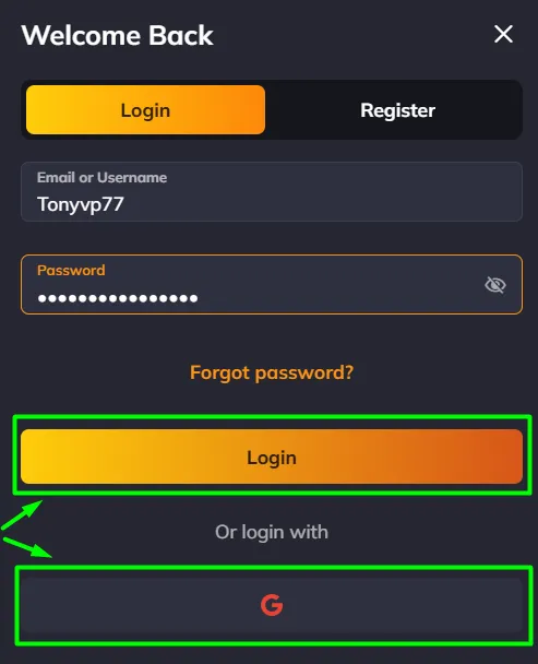 Vegastars login page