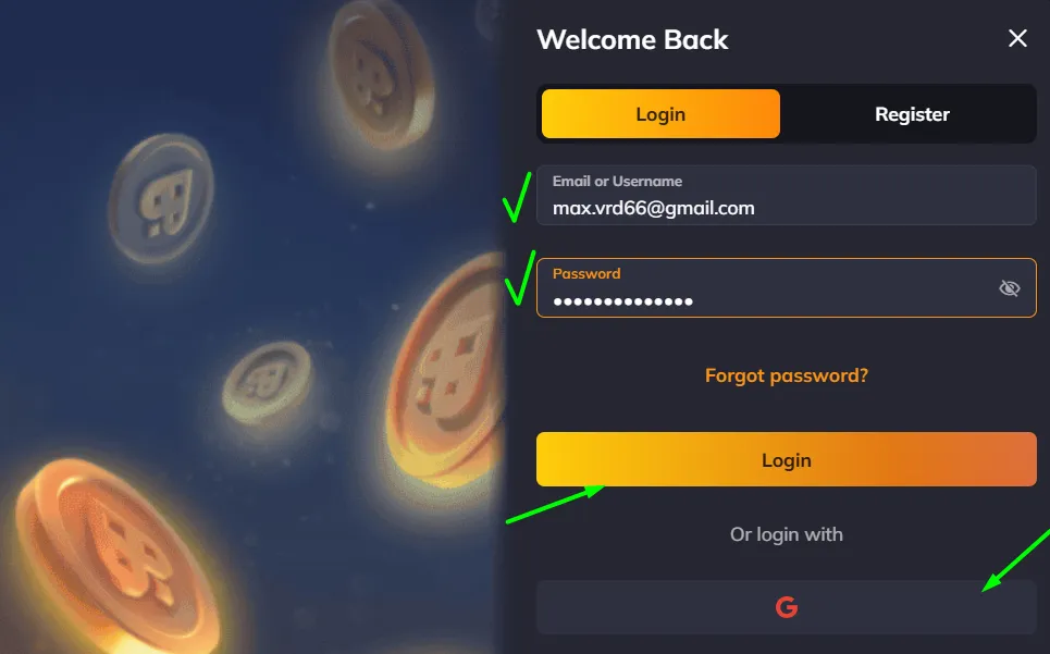 Vegastars login form